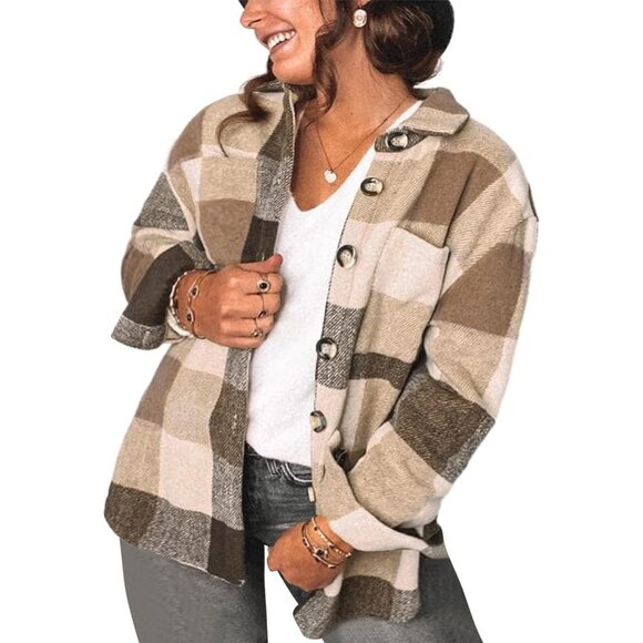 Plus Size Flannel Shacket Women's Casual Plaid Long Sleeve Button Up Coat - Picture 1 of 5